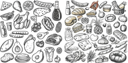 Doodle grocery goods for for menu designs and food packaging. Eating vector illustration set