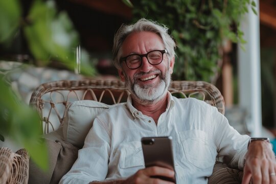 Happy elder navigating modern technology