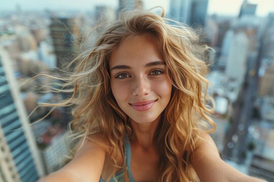 The image captures a cheerful young woman as she takes a selfie from a great height, with a bustling cityscape blurred in the background.