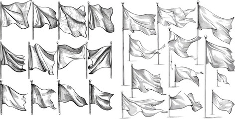 Hand drawn flags. Sketch waving fabric on pole, different flag engraving shapes with waves - obrazy, fototapety, plakaty