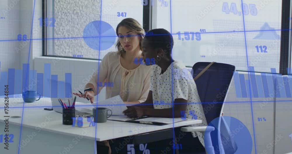 Poster animation of data processing and diagrams over diverse colleagues discussing work