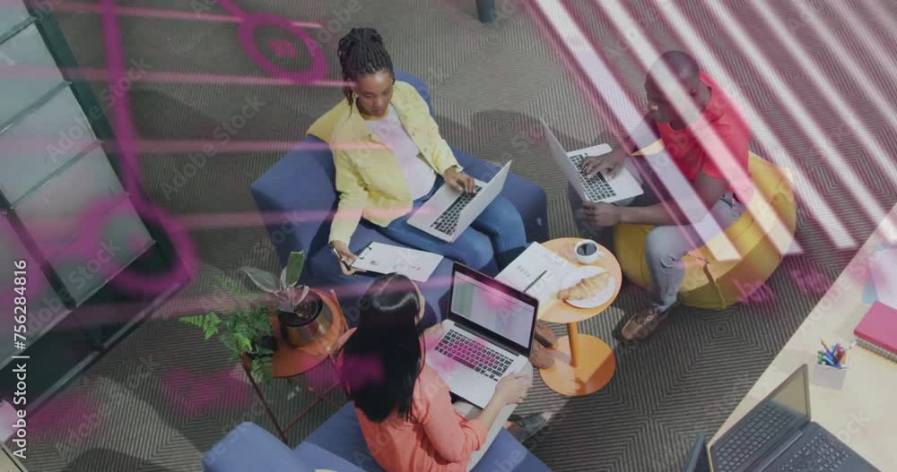 Poster animation of data processing and diagrams over diverse colleagues discussing work