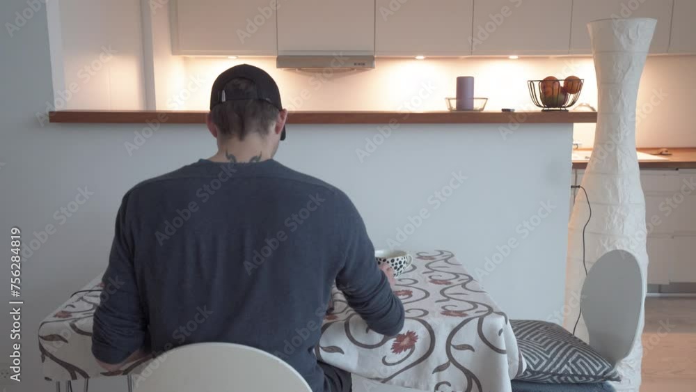 Poster rear view of a man working on computer from home