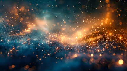 background with specs of gold and shiny bokeh stars on a windy blue surface
