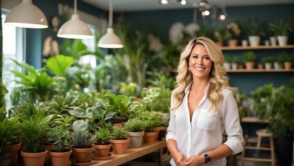 Smiling attractive female Small business owner in her plant shop