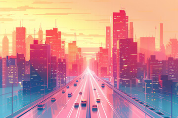Sunset scene of future tech city - obrazy, fototapety, plakaty