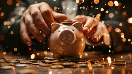 Close-up of hands depositing a coin into a piggy bank over scattered coins with warm, sparkling bokeh lights.
