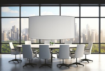 Modern conference room with empty poster and city view.