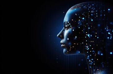 profile silhouette of an AI head composed entirely from digital circuitry, with binary code flowing around it on dark blue background