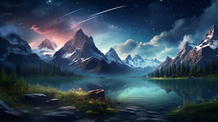 Magical nature wallpaper during summer night in mountains - obrazy, fototapety, plakaty