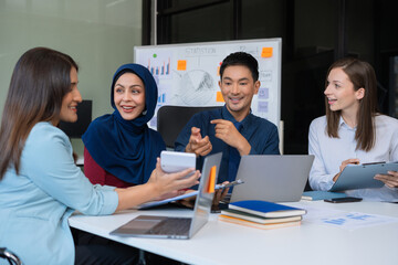 Business meeting account managers crew working search page on computer with new startup project. Idea presentation, analyze plans.