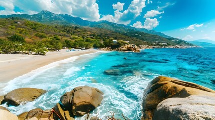 Beautiful sunny coast view to an amazing paradise holiday bay with crystal clear blue water sandy beach, Seychelles, Ikaria island, Greece