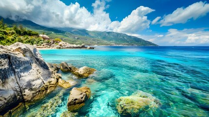 Beautiful sunny coast view to an amazing paradise holiday bay with crystal clear blue water sandy beach, Seychelles, Ikaria island, Greece - obrazy, fototapety, plakaty