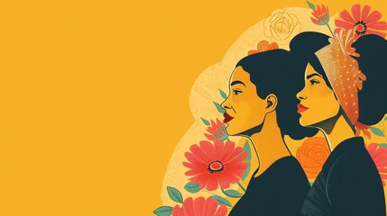 Illustration von Frauen mit Blumen auf gelbem Hintergrund, freier Platz für Text  - obrazy, fototapety, plakaty