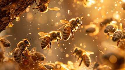 Golden Swarm: Bees Buzz Amongst Sparkling Honey Droplets