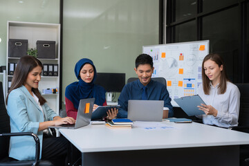 Business meeting account managers crew working search page on computer with new startup project. Idea presentation, analyze plans.