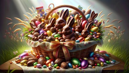 Easter Gift Basket filled with Chocolate Easter Bunnies and Easter Eggs