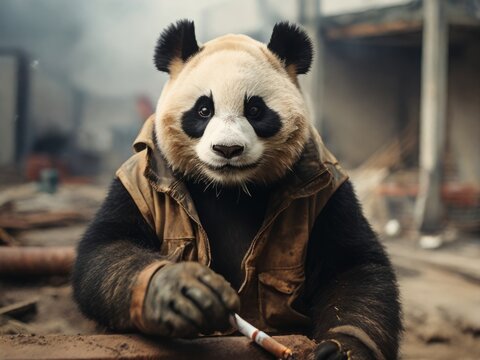 A photo real 35mm shot of a panda on a building site, labouring and smoking a cigarette.