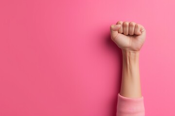 Arm mit geballter Faust einer Frau, pinker Hintergrund. Symbolisch für Frauenpower  