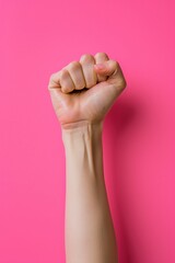 Arm mit geballter Faust einer Frau, pinker Hintergrund. Symbolisch f&uuml;r Frauenpower  