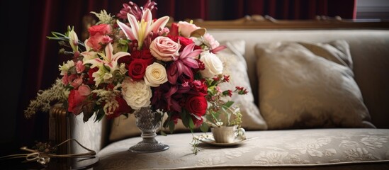 Elegant bouquet details in a room setting.