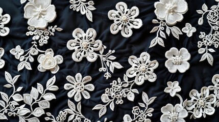 White Floral Guipure Lace Fabric on black background.