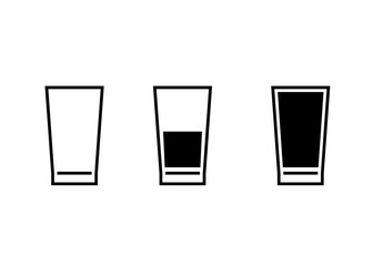 Glasses of water with different measure, icon set. Simple signs different levels of water. Full, half full, empty glass. Vector