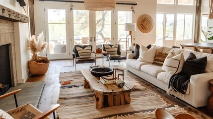 Fototapeta na wymiar Boho, farmhouse home interior design of modern living room. 