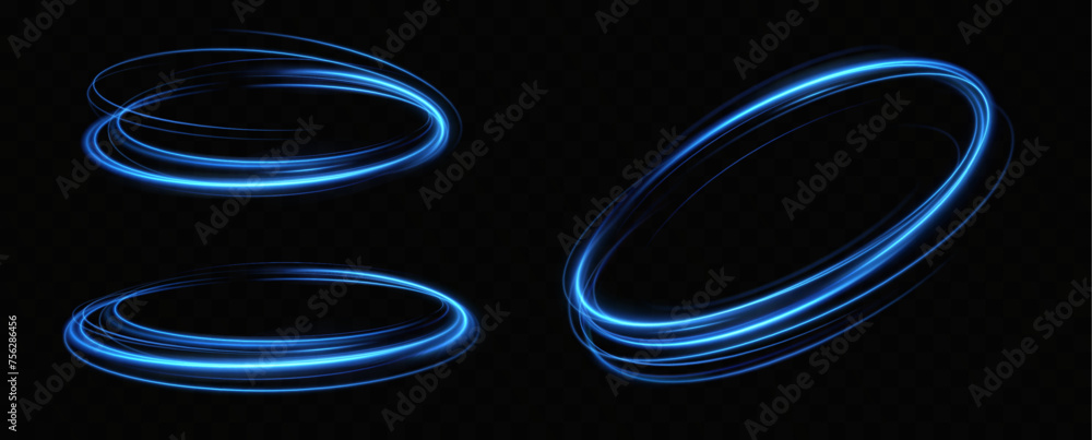 Poster blue neon ring. glowing circle. glow effect. round light frame. abstract light lines of movement and
