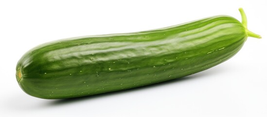 A green cucumber, a vegetable, with a yellow stem, a plant, displayed on a white background. Cucumber is a natural food ingredient and a flowering plant