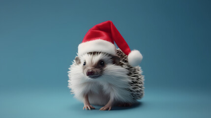 Artistic animal concept. with a place for text. hedgehog wearing Christmas santa claus hat