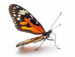 Fototapeta na wymiar A colorful butterfly stands out with its striking orange and black patterned wings against a white background.