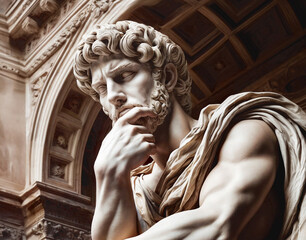 Beautiful statue of an ancient roman emperor thinking about life with his hand resting on his chin.