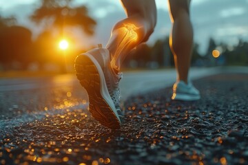  Digital composite image of a runner's legs with glowing orange bones, highlighting the knee and foot anatomy in action, human biomechanics.