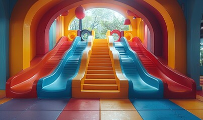 Modern indoor children s playground Colorfull indoor slide kindergarten area. with copy space...