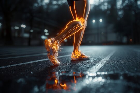 Digital composite image of a runner's legs with glowing orange bones, foot anatomy