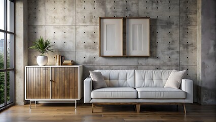 Modern Minimalist Loft: Rustic Cabinet, White Tufted Sofa, Concrete Wall with Art Poster