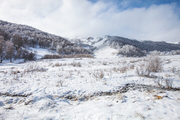 Karachay-Cherkessia, Russia. Caucasus Mountains winter landscape. - 756286881