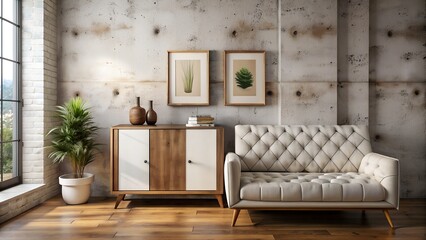 Minimalist Urban Home Interior: Rustic Cabinet, White Tufted Sofa, Concrete Wall with Art Poster