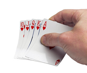 A royal straight flush playing cards poker hand in hearts.