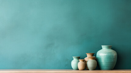 Minimal interior design with ceramic vases on teal plant - obrazy, fototapety, plakaty