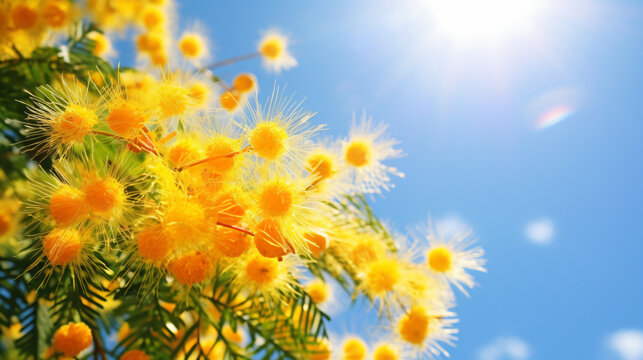 Mimosa flowers with sun on blue sky