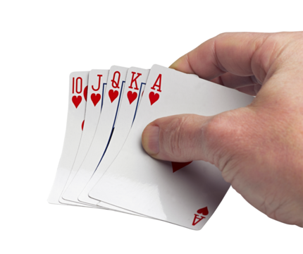 A royal straight flush playing cards poker hand in hearts.