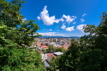 Ljubljana, Slovenia - June 27, 2023: Beautiful crowded downtown Ljubljana City.