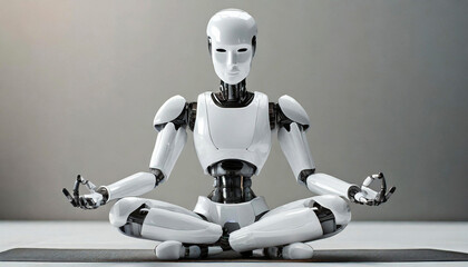 Fototapeta premium Close-up of a humanoid robot in yoga meditation with crossed legs, front view. Artificial intelligence concept. Generative Ai.