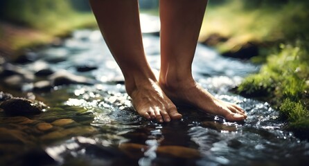A Close-Up Exploration of Human Feet in Stream with Pristine Natural Lighting"