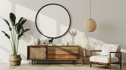 Oval shape mockup photo frame plastic border, on chest drawer in modern living room, 3d render