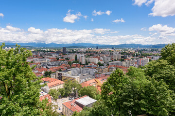Fototapeta na wymiar Ljubljana, Slovenia - June 27, 2023: Beautiful crowded downtown Ljubljana City.