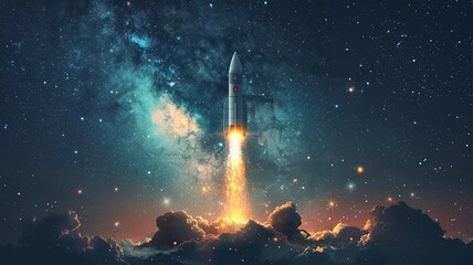 A rocket is flying off into space with clouds, moon and stars on a background