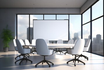 Modern conference room with empty poster and city view.